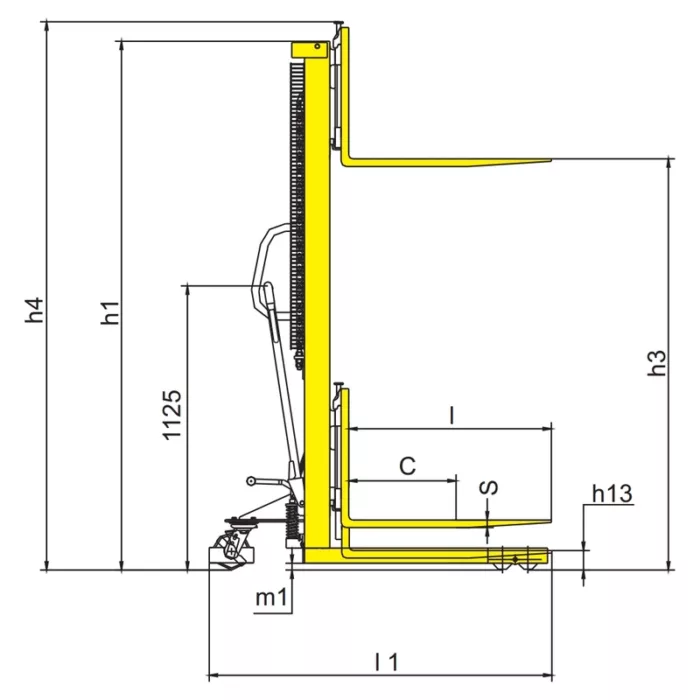 DELACCO RVV1500-PV ručni visokopodizni viljuškar sa podesivim vilicama 1500kg 1600mm skica 1